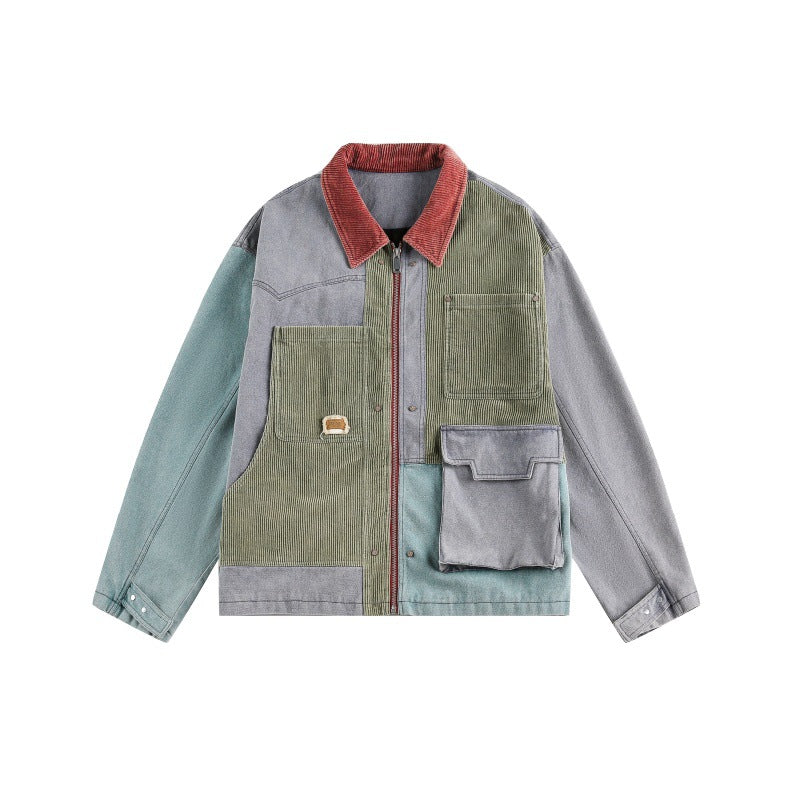 Unisex Boxy‑Patchwork‑Cordjacke mit kontrastierendem Kragen und Multifunktionstaschen Shop Nory