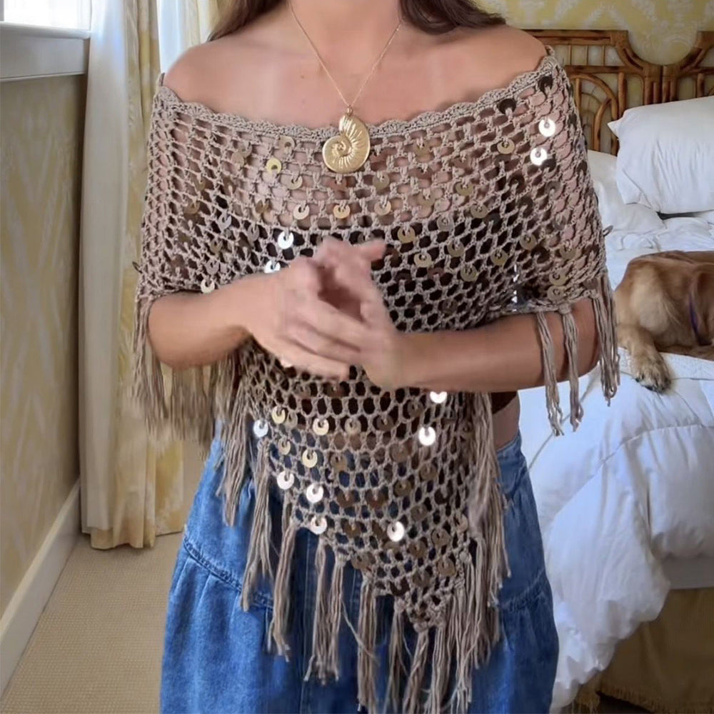 Damen dekorativer Spitzen-Poncho mit eleganten Pailletten und Fransen