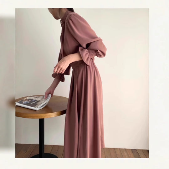 Damen Midikleid mit Stehkragen, Schleifenblende und geraffter Taille Shop Nory