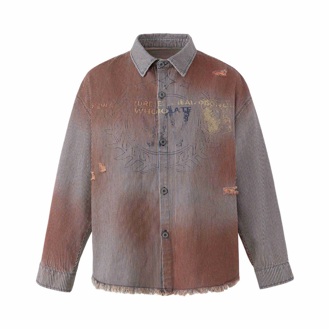 Damen Overshirt-Jacke aus gestreiftem Denim mit Fransen und Used-Details Shop Nory