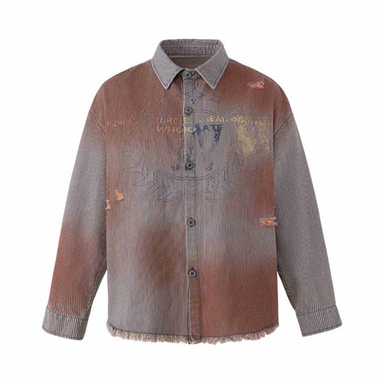 Damen Overshirt-Jacke aus gestreiftem Denim mit Fransen und Used-Details Shop Nory