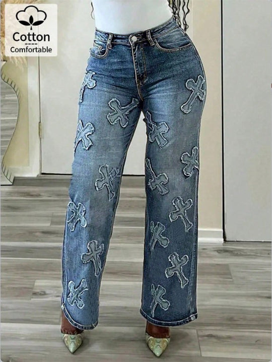Damen Hochtaillierte gerade geschnittene Jeanshose mit Kreuzapplikationen aus Baumwoll-Jeansstoff Shop Nory