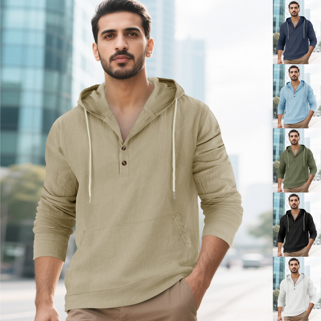 Herren Leichter Kapuzen-Henley aus Baumwoll-Leinen mit Kängurutasche Shop Nory