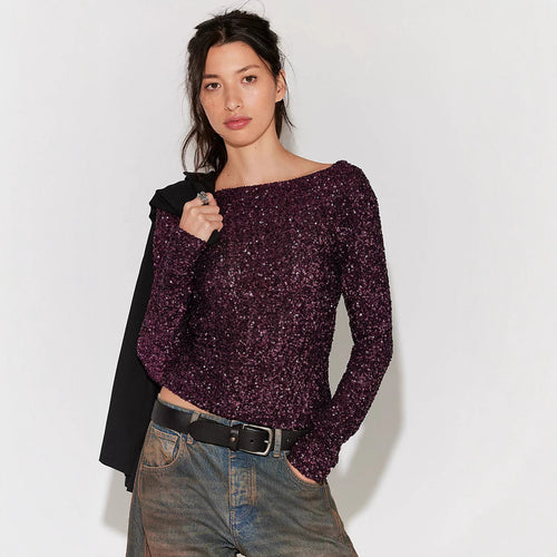 Damen Glitzerndes langärmeliges Feinstrick-Top mit Rundhalsausschnitt Shop Nory