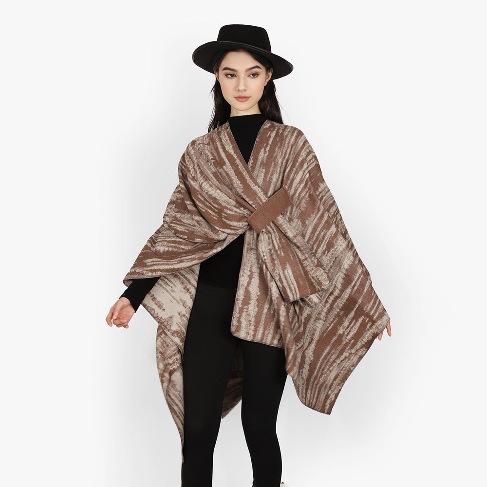 Damen Jacquard-Capeponcho mit dekorativem Bindegürtel und asymmetrischem Saum Shop Nory