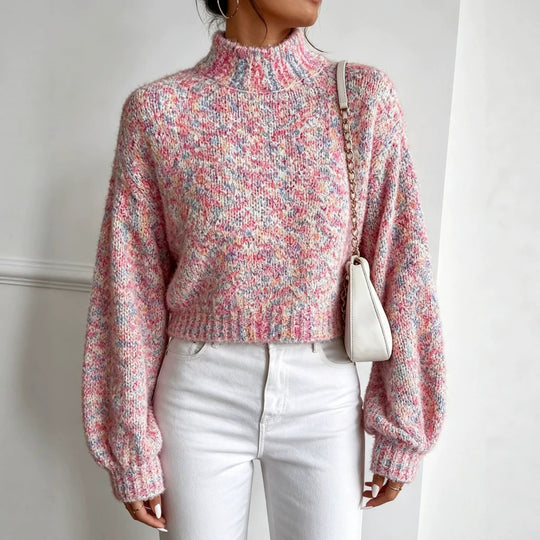 Damen Kurzgeschnittener Oversize-Pullover mit Stehkragen, mehrfarbigem Bouclé-Muster und Ballonärmeln Shop Nory