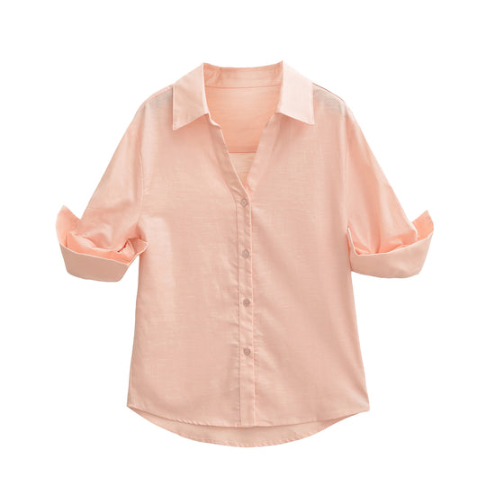Damen Leichte Oversize Leinenoptik-Bluse mit Kentkragen und krempelbaren Ärmeln Shop Nory