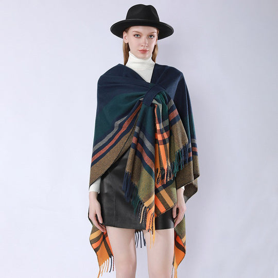 Damen Oversize‑Poncho‑Überwurf mit Tunnelzug, Karomuster und Fransensaum Shop Nory