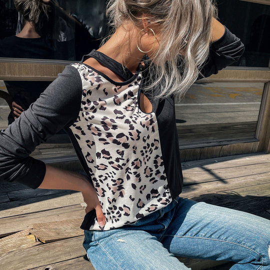 Damen Langarmshirt mit kontrastierendem Leoparden-Panel und V‑Ausschnitt Shop Nory