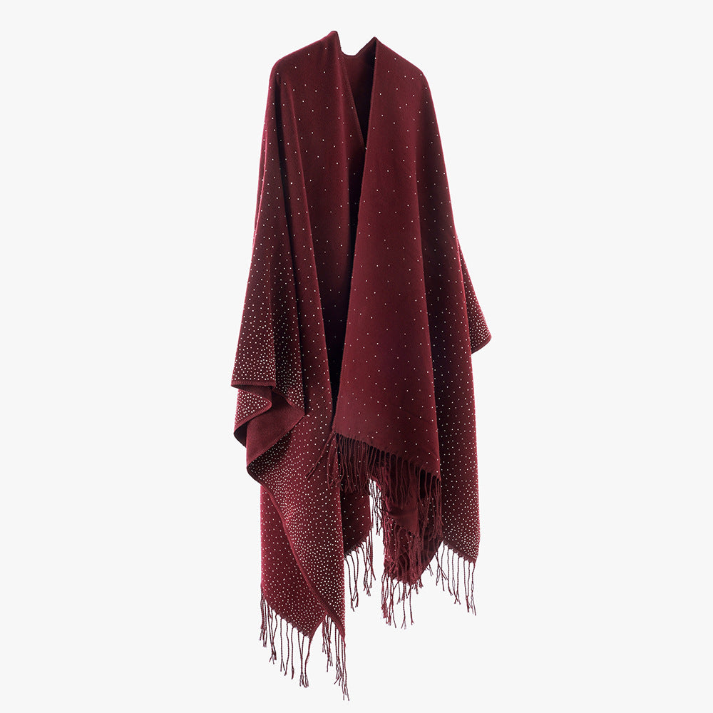 Damen Strickponcho mit Fransen und dezentem Schimmerbesatz Shop Nory