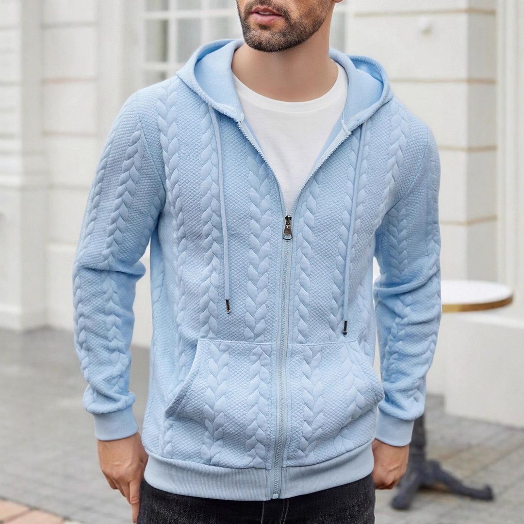 Herren strukturierte Kapuzen-Sweatjacke mit Zopfmuster, durchgehendem Reißverschluss und Kängurutasche Shop Nory