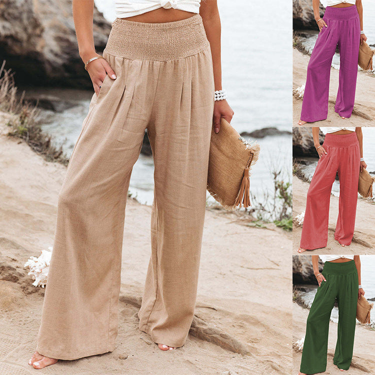 Damen Weite Leinenhose mit elastischem Bund und plissierten Details