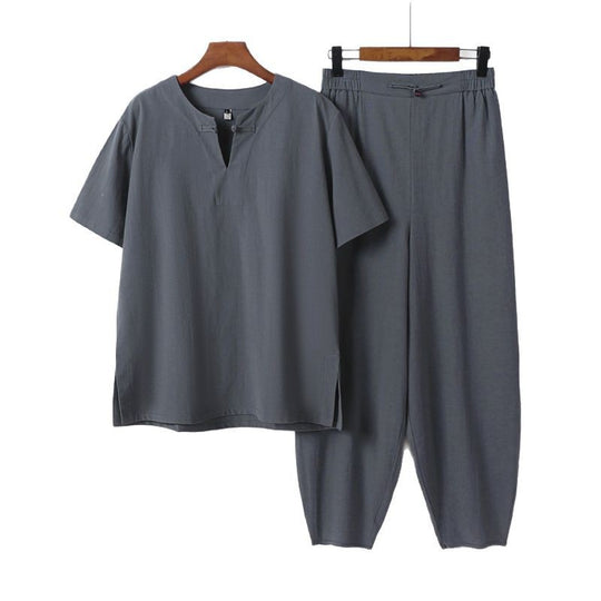 Herren Zweiteiliges Set mit Kurzarm-Stehkragenhemd und elastischer Haremshose Shop Nory