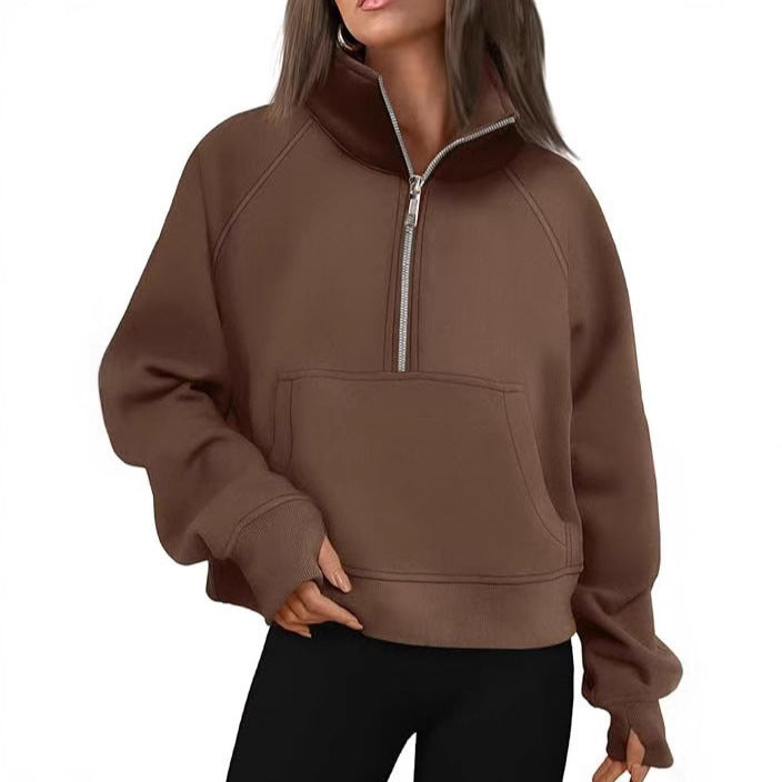Damen nan oversized Halbzip Pullover mit Kängurutasche, Daumenlöchern und hohem Kragen Shop Nory