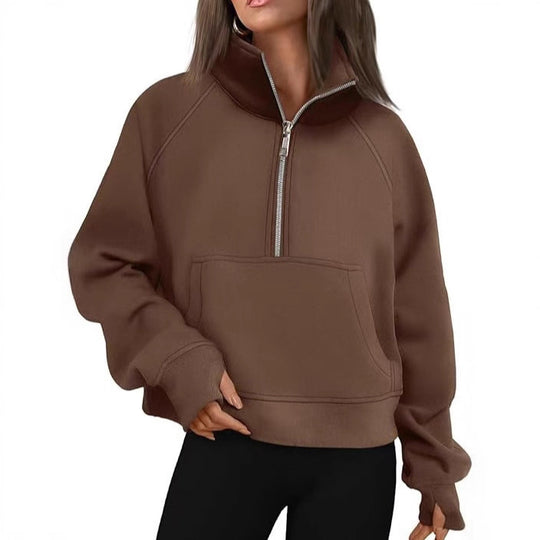 Damen nan oversized Halbzip Pullover mit Kängurutasche, Daumenlöchern und hohem Kragen Shop Nory