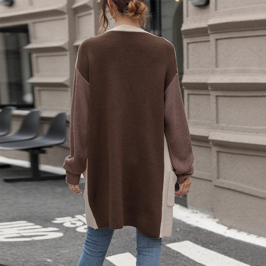 Damen Lange Strickjacke mit Kontrastärmeln und aufgesetzten Taschen Shop Nory
