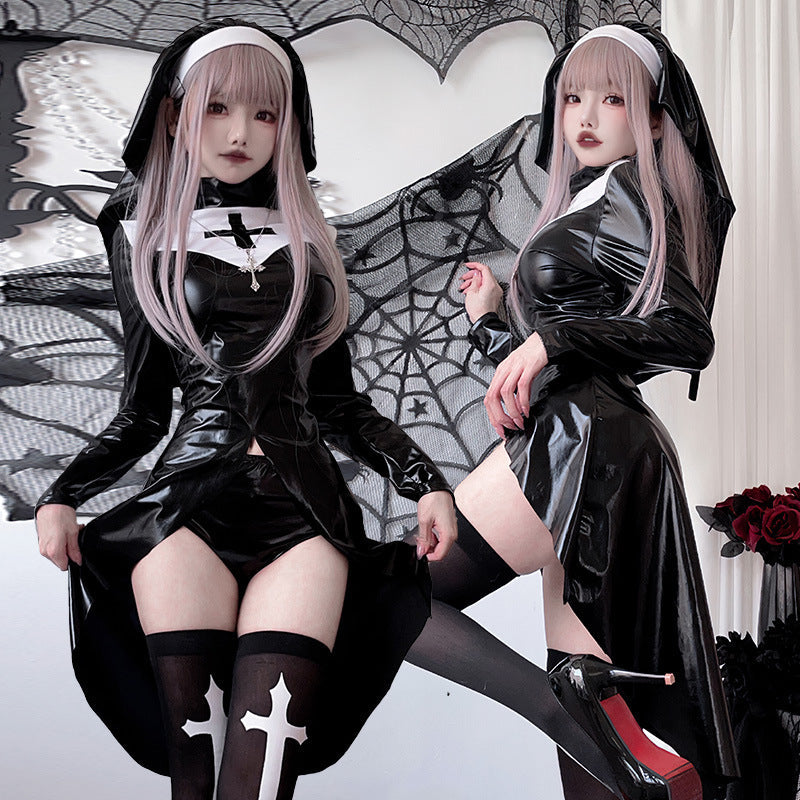 Damen Gothic Nonnenkostüm mit ausdrucksstarkem Design und transparentem Überrock Shop Nory