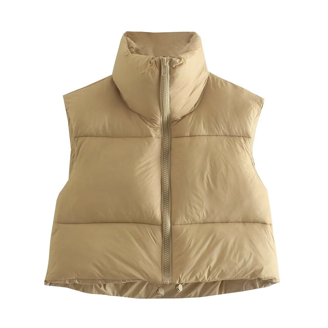 Damen cropped Daunenweste mit hohem Kragen und praktischen Taschen