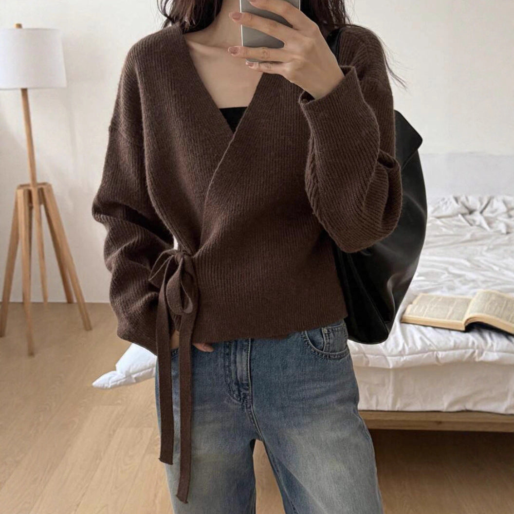 Damen Wickel-Strickjacke mit V-Ausschnitt, Taillenschleife und Ballonärmeln Shop Nory