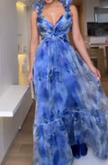 Damen Maxi-Kleid mit floralen Rüschen und schwingendem Design