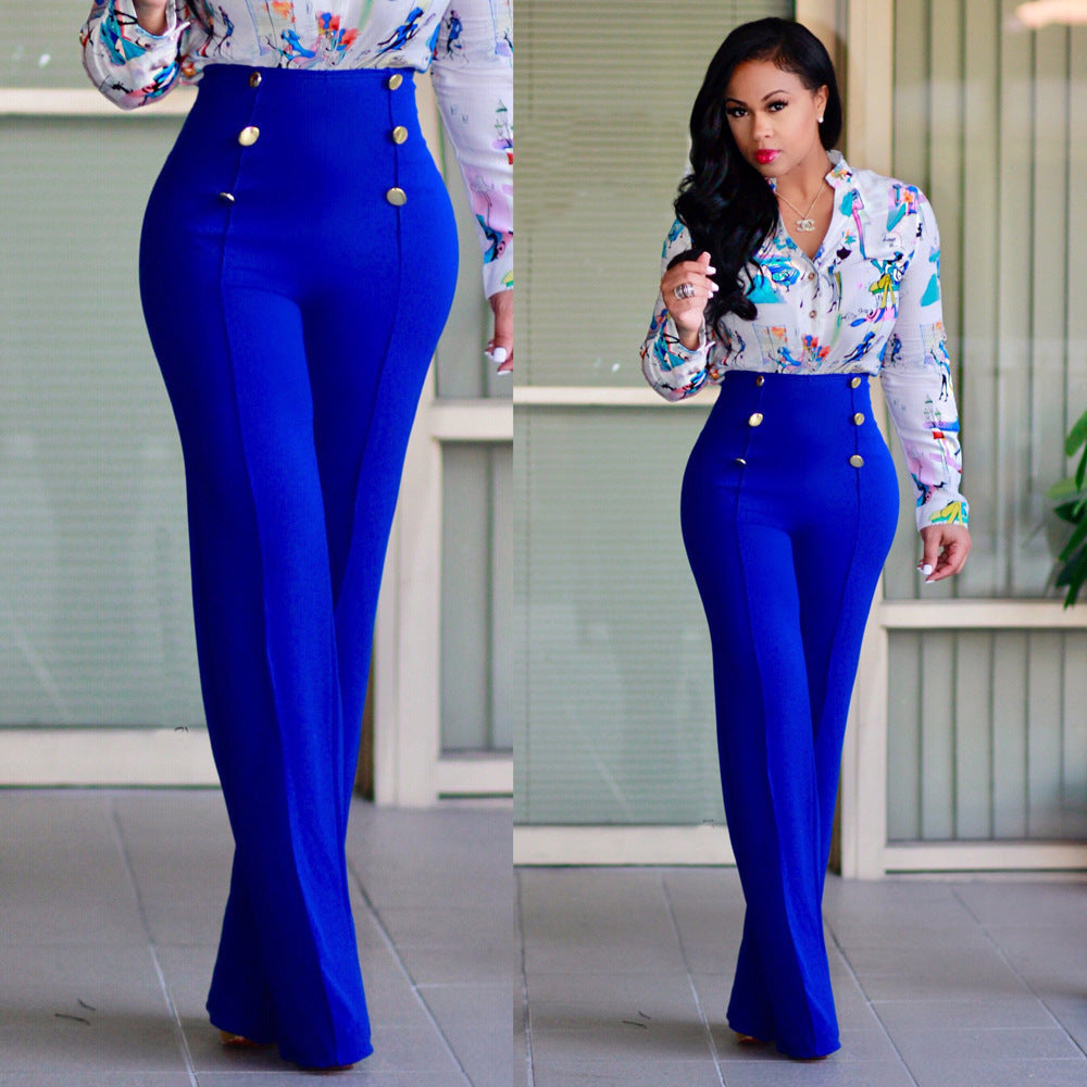 Damen hochtaillierte Palazzo-Hose mit dekorativen Knopfdetails