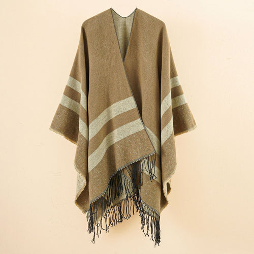 Damen Oversize-Ruana aus Wollmix mit kontrastierten Querstreifen und Fransensaum Shop Nory