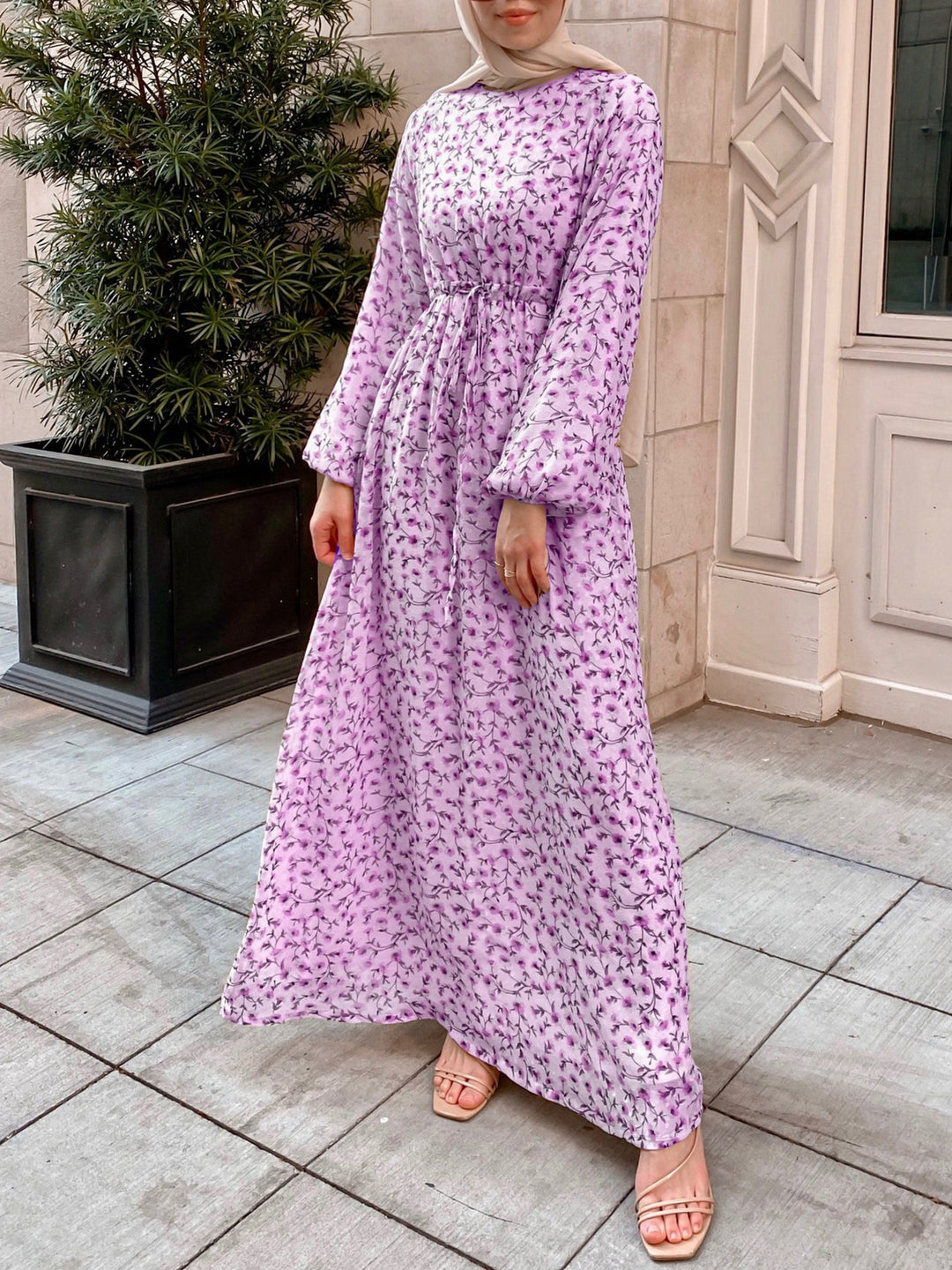 Damen Geblümtes Maxikleid mit Kordel-Taille und Ballonärmeln Shop Nory