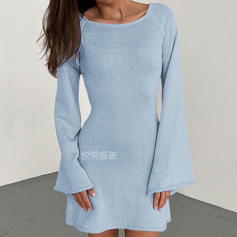 Damen elegantes Strickkleid mit weitem Ärmel und figurbetonter Silhouette