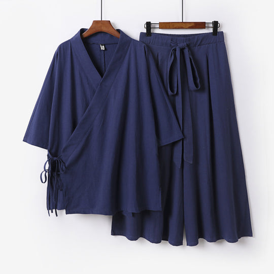 Damen Kimono-Loungewear-Set aus leichter Viskose mit Wickeloberteil und weitem Culotte-Hosenrock Shop Nory
