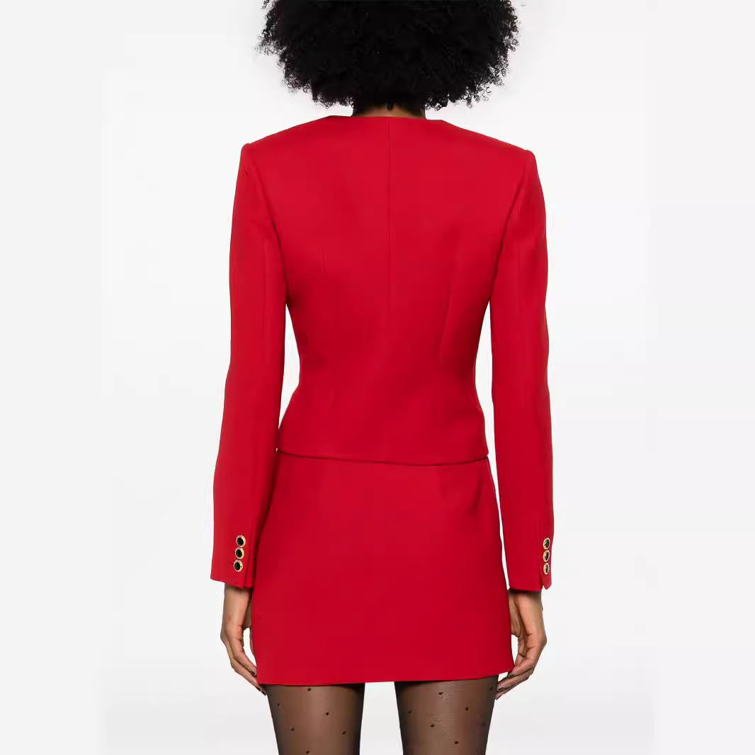 Damen Zweiteiliger Blazer-Top mit V‑Ausschnitt und Wickel-Minirock im Tailoring-Look Shop Nory