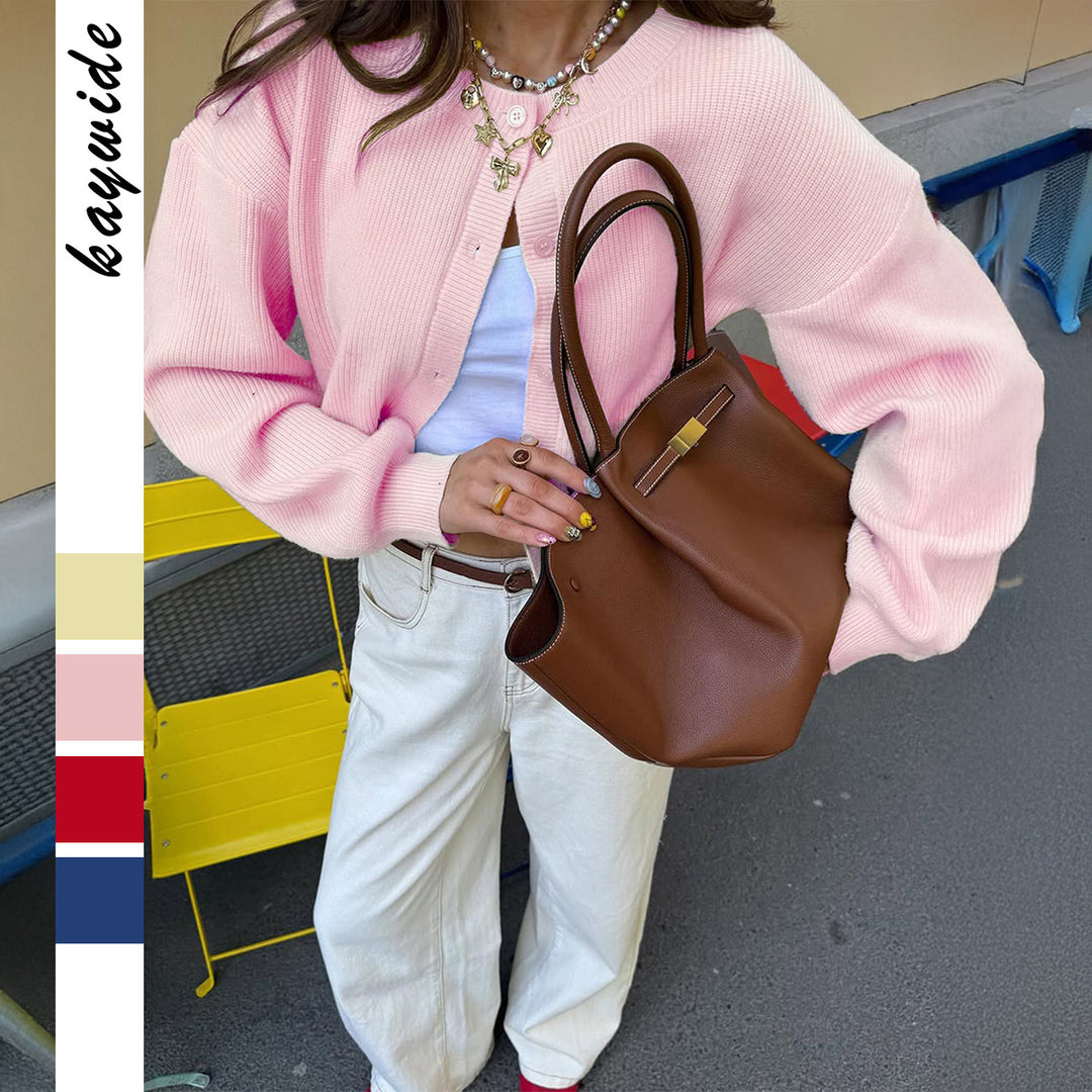 Damen nan kurzes Rippstrick-Cardigan mit Rundhalsausschnitt, ballonärmel und markanter Knopfleiste Shop Nory