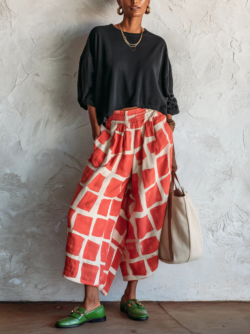 Damen Weite Culotte-Hose aus Leinenmix mit elastischem Bund und grafischem Print Shop Nory