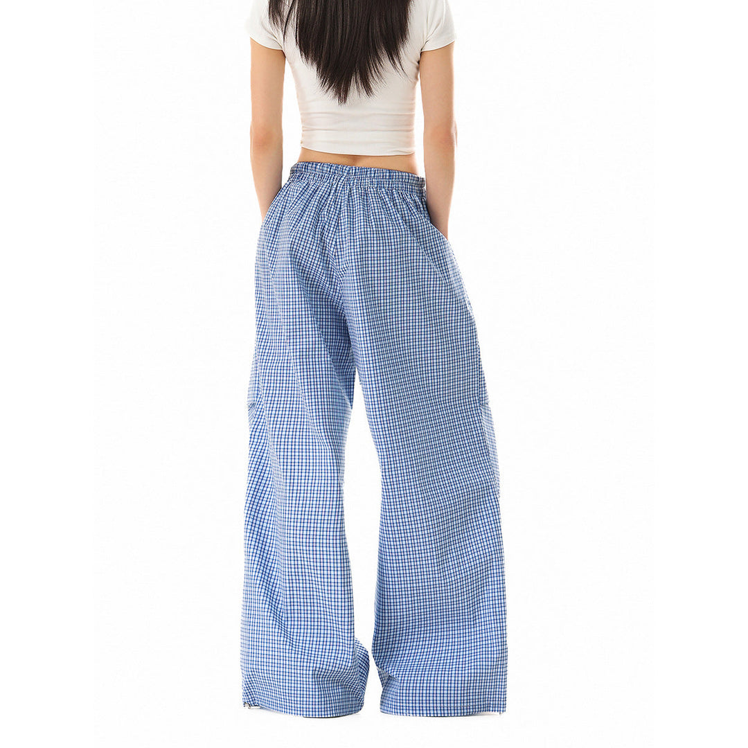 Damen Weite Baumwollhose mit elastischem Bund, Karomuster und verstellbarer Saumkordel Shop Nory