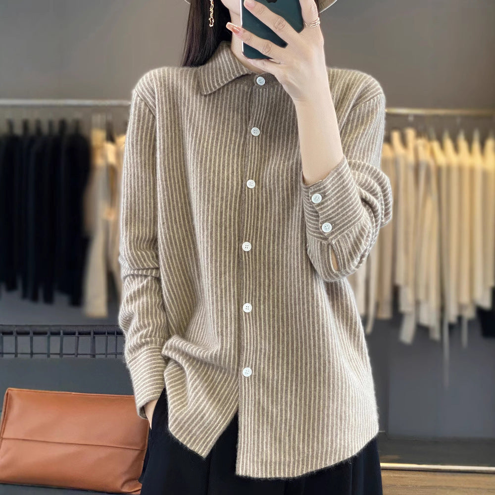 Damen Leichtes Feinstrick-Hemd mit Polokragen und feinen Längsstreifen Shop Nory