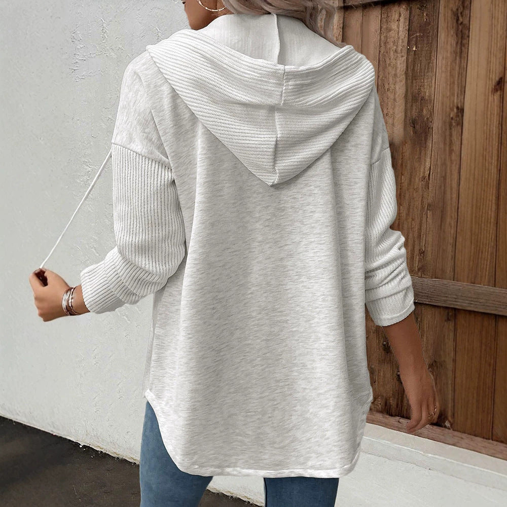 Damen Kapuzencardigan mit Knopfleiste, kontrastierenden Rippärmeln und lässiger Longline-Silhouette Shop Nory