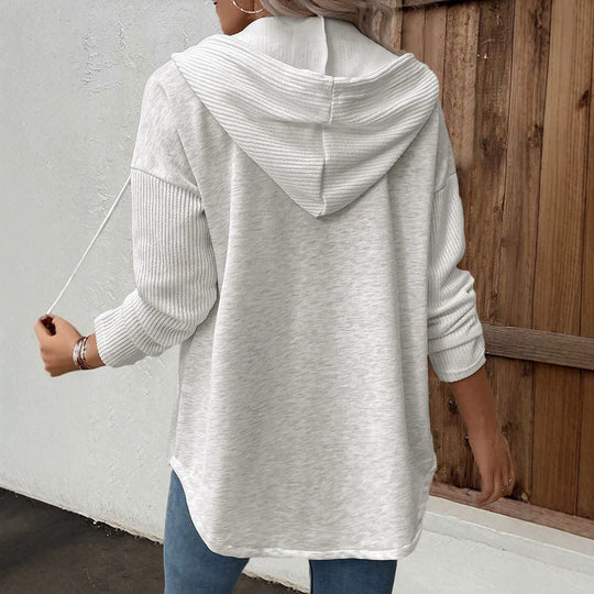 Damen Kapuzencardigan mit Knopfleiste, kontrastierenden Rippärmeln und lässiger Longline-Silhouette Shop Nory