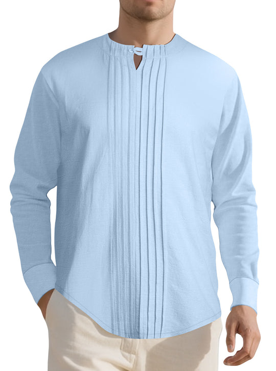 Herren Leichtes Langarmshirt im Leinenlook mit Stehkragen, Kellerfalten und Schlaufenverschluss Shop Nory