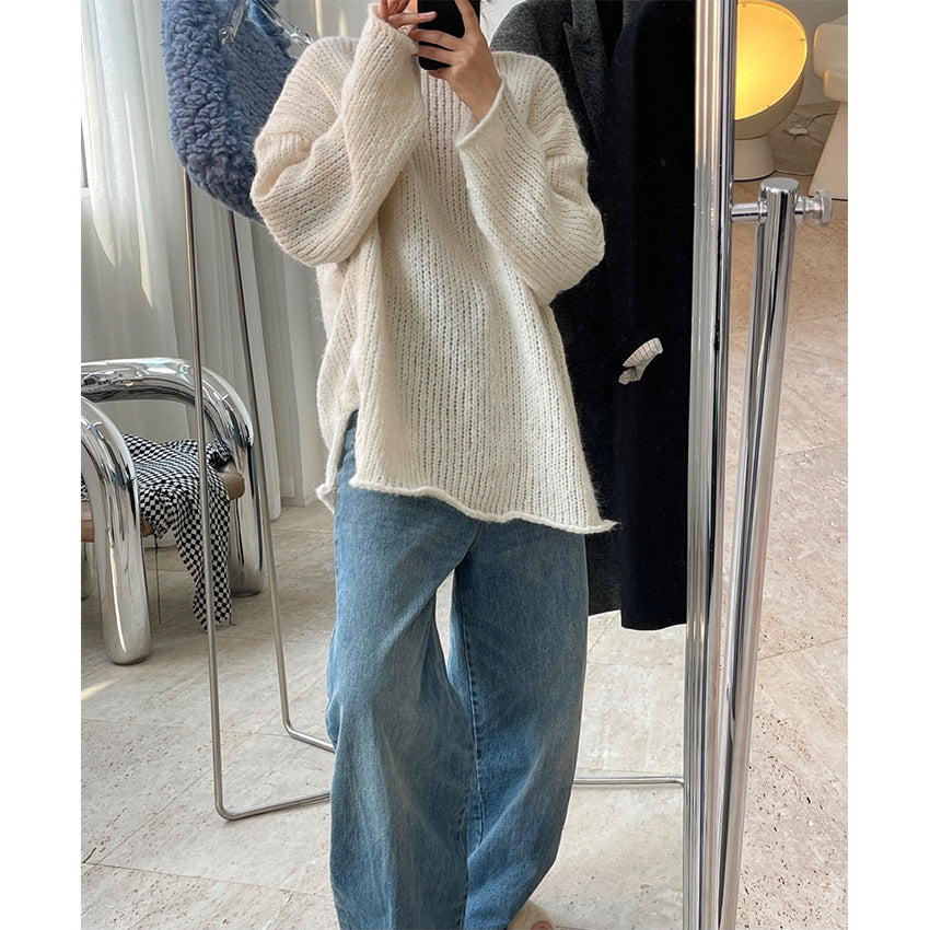 Damen Grobgestrickter Oversize-Pullover mit Rundhalsausschnitt und verlängertem Saum Shop Nory