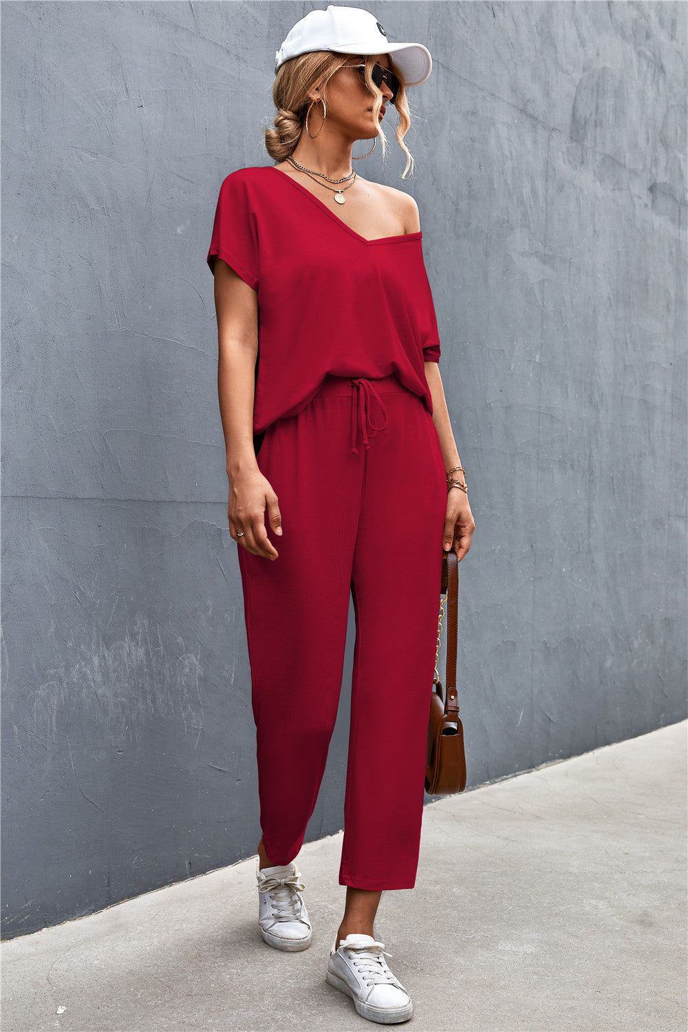 Damen Lounge-Set mit lässigem V-Ausschnitt und elastischen Bündchen Shopnory