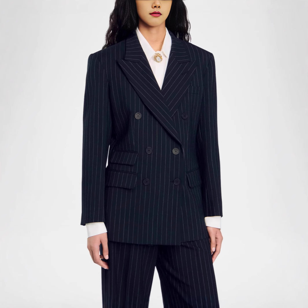 Damen Zweireihiger Nadelstreifen-Hosenanzug mit Oversize-Blazer und weitem Bundfaltenhose Shop Nory