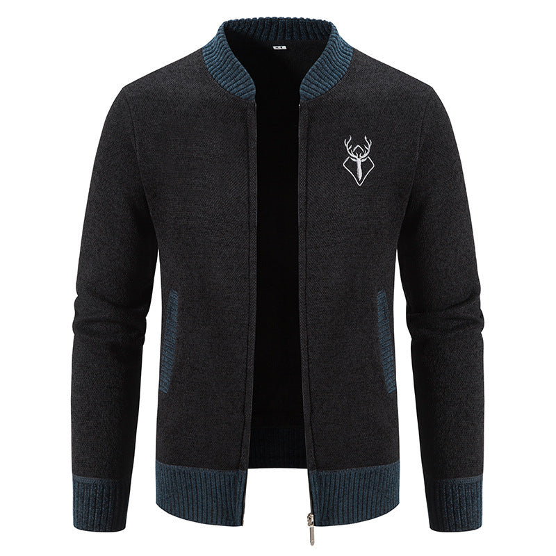 Herren lässiger Zip-Strickblouson mit weichem Thermofutter, geripptem Stehkragen und Hirsch-Logo Shop Nory
