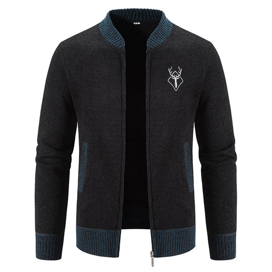 Herren lässiger Zip-Strickblouson mit weichem Thermofutter, geripptem Stehkragen und Hirsch-Logo Shop Nory