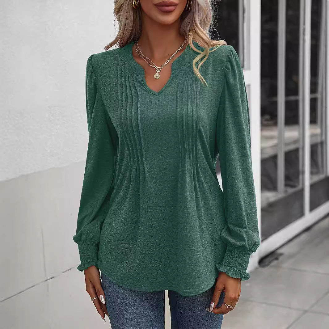 Damen nan Langarmshirt mit V-Ausschnitt, dekorativen Kellerfalten vorn und elastischen Smokbündchen Shop Nory