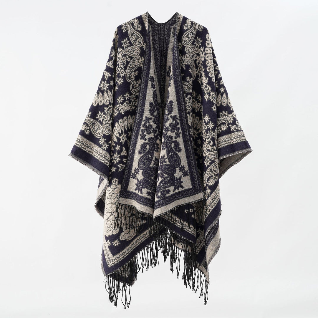 Damen Jacquard-Umhangponcho aus Wollmix mit beidseitigem Paisley-Jacquard und Fransen Shop Nory