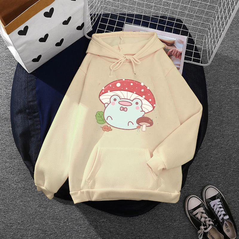 Damen nan weicher Oversize-Kapuzenpullover mit kawaii Pilzfrosch-Print, Kängurutasche und gerippten Bündchen Shop Nory
