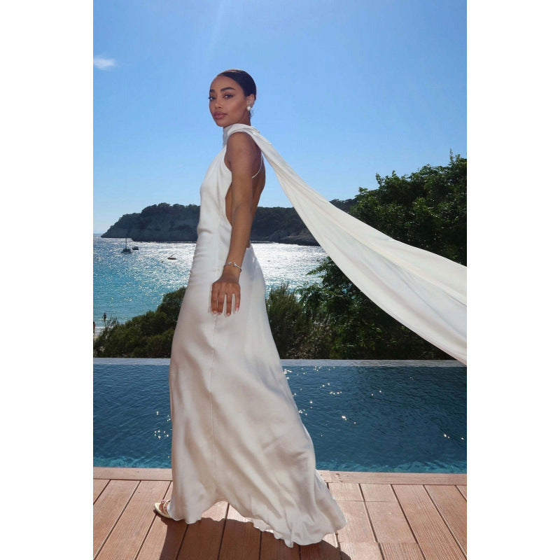Damen elegantes Maxikleid mit asymmetrischem Oberteil und fließendem Schnitt Shopnory