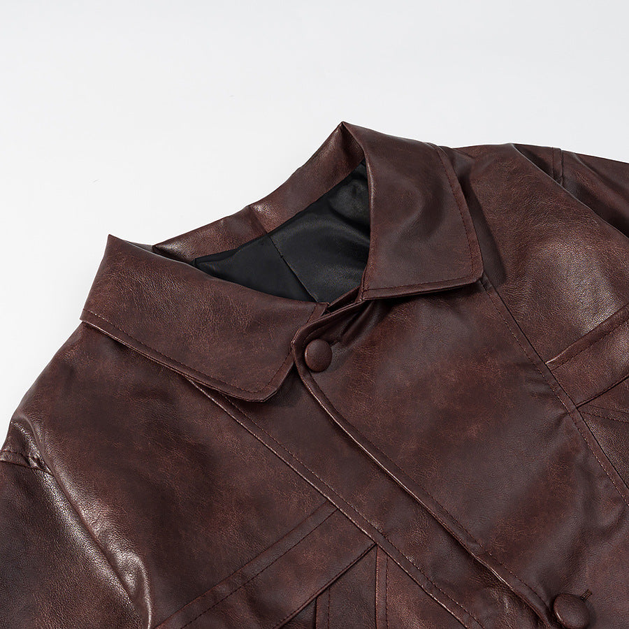 Damen Kurz geschnittene Oversize-Lederjacke mit Rundkragen und Pattentaschen Shop Nory