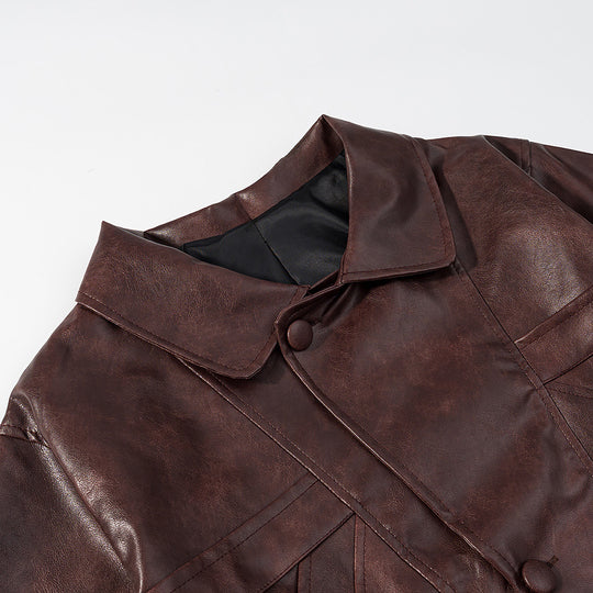 Damen Kurz geschnittene Oversize-Lederjacke mit Rundkragen und Pattentaschen Shop Nory