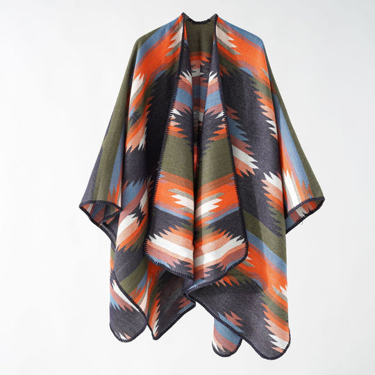 Damen Wolloptik-Ruana mit grafischem Ethno-Jacquard und dekorativer Kettelnaht Shop Nory