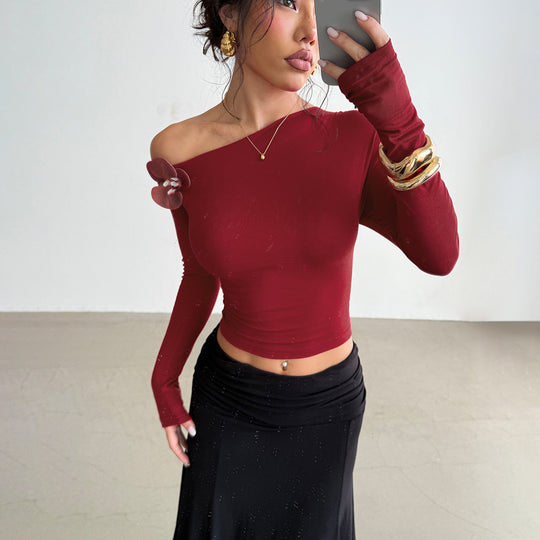 Damen asymmetrisches Ein-Schulter-Langarmshirt mit floraler Applikation Shop Nory